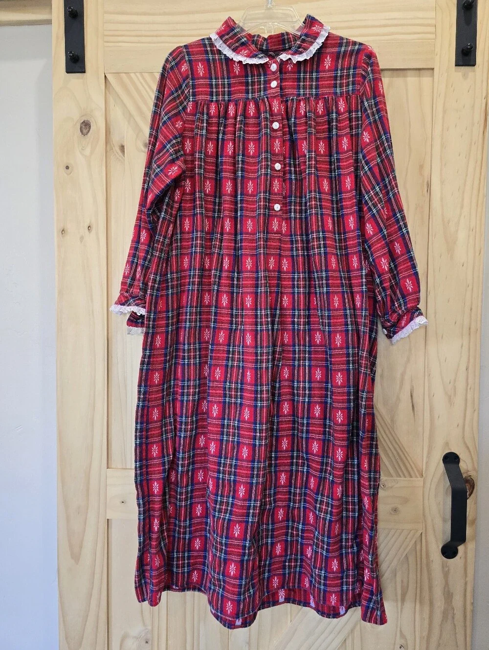 Vintage Lanz of Salzburg Red Plaid Tartan Cotton Lace Flannel Nightgown Size M